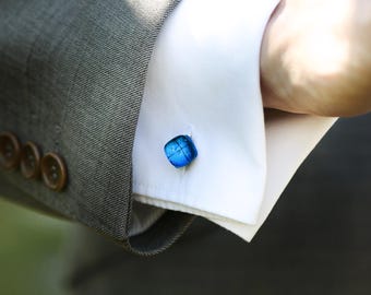 Indigo sapphire blue glass cufflinks for christmas, square 925 cufflinks, artisan cufflinks, handmade. Blue wedding jewellery, groomsmen