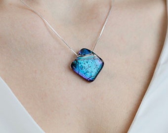 Aqua Dichroic Glass Pendant: Sterling Silver Necklace, Handmade Art Glass Jewellery