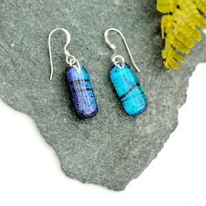 Green Blue Dichroic Glass Earrings | Sterling Silver Handmade Drop Earrings | Lake District Jewellery | Aqua Green Fused Glass Gift