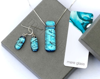 Fused glass pendant and drop earrings jewellery set, handmade dichroic glass jewellery, sterling silver necklace, sterling silver ear wires