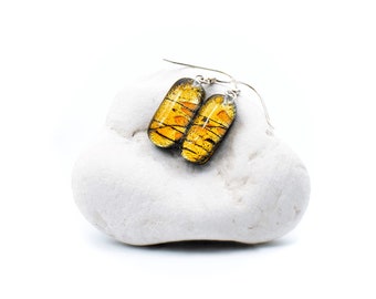 Orange to yellow fused glass drop earrings on sterling silver, Mother's Day gift under 30
