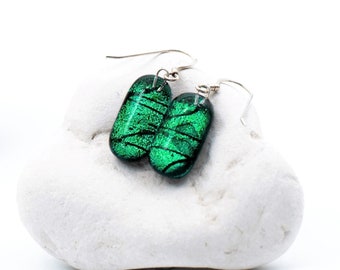 Emerald green fused glass earrings, sterling silver, gift for her under 30