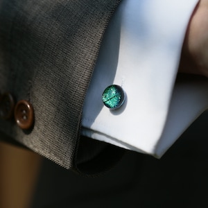 Emerald green fused glass cufflinks, dichroic glass cufflinks, colourful round cufflinks, handmade in Cumbria. Green wedding jewellery.