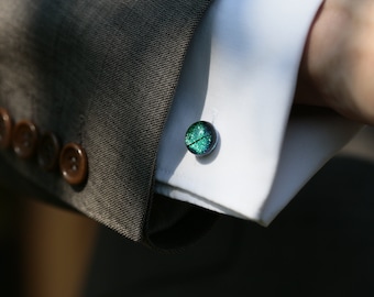 Emerald green fused glass cufflinks, dichroic glass cufflinks, colourful round cufflinks, handmade in Cumbria. Green wedding jewellery.