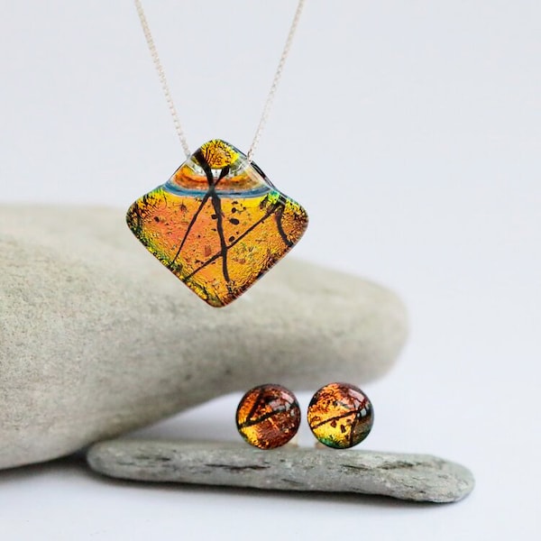 Orange and Yellow Sunset Fused glass pendant necklace and earrings set, sterling silver, gift for her, handmade jewellery set