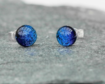 Sapphire Blue Dichroic Glass Stud Earrings: Sterling Silver, artisan Handmade, minimalist, letterbox, vibrant blue small round studs