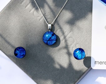 Handcrafted Dichroic Glass Jewellery Set in Captivating Blues – Ideal Christmas Gift for Her - Sterling Silver