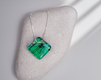 Emerald Green Fused Glass Pendant Necklace: Sterling Silver Abstract Jewelry