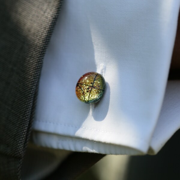 Orange Yellow Green Cufflinks - Handmade Kiln Fused Glass Cufflinks