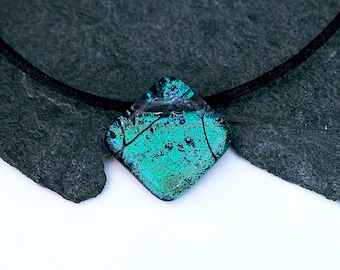 Aqua blue green fused glass pendant, waxed cotton cord, outdoor jewellery, gift under 35