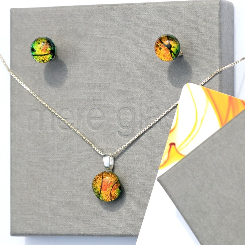 matching ring Fused glass pendant and earrings sterling silver gift for her