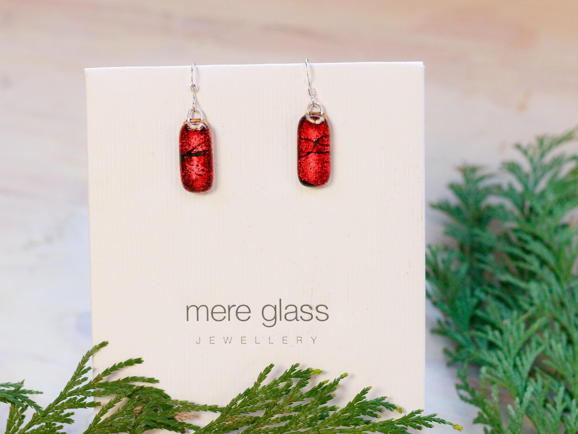 Dichroic Fused Glass Drop Earrings: Red Sterling Silver Dangles