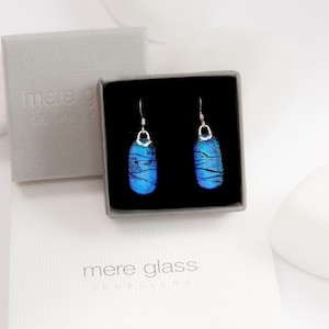 Cobalt or Royal Blue Handmade Dichroic Glass Drop Earrings: Rectangular fused glass earrings.