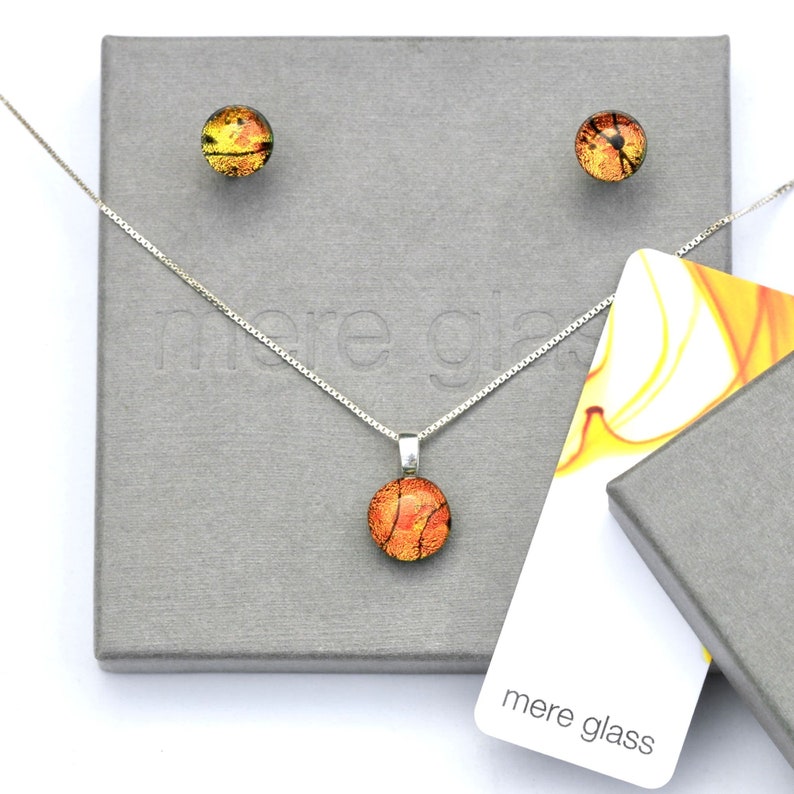 matching ring Fused glass pendant and earrings sterling silver gift for her