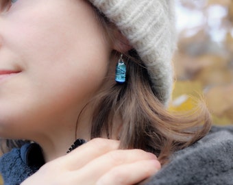 Ice blue fused glass drop earrings on sterling silver wires, gift for her under 25, turquoise handmade jewellery