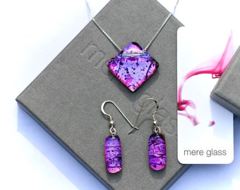 Purple Fused glass pendant necklace and drop earrings - jewellery set - 925 sterling silver