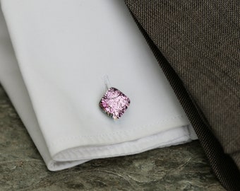 Pink fused glass cufflinks, square cufflinks, artisan cufflinks, handmade in Cumbria. Colourful wedding jewellery.