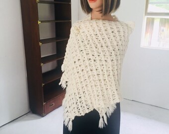 Elegant Handmade Off White Yarn Hand Crochet  Shawl Bridal Shawl, Summer Shawl,Evening Shawl