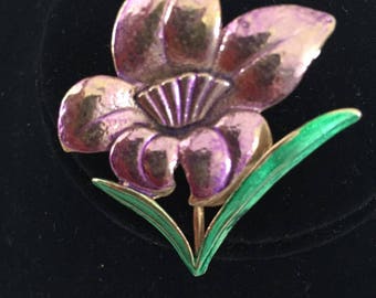 Estate Gold Tone ,Green & Purple  Flower Brooch / Pin
