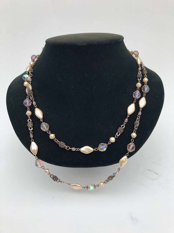 Estate Pearl and Crystal Beaded Long Necklace