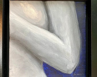 Trepidation - Nude female breast pose. Acrylic art painting on small square canvas. Monochrome with hint of blue background.