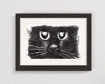 Black Cat - Ink drawing. Cat's face original illustration.