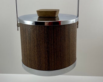 MCM - Wood Metal Ice Bucket - KROMEX -  Serving Mid Century Modern Metal Dark Grain Panel 1960s - Silver Chrome