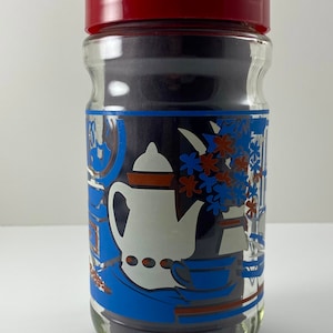2 pc Maxwell Coffee Vintage Canister with Lid -  Anchor Hocking -Cookie Jar - Kitchen - Red White Blue - Glass - Kitsch -  MCM - Home Accent