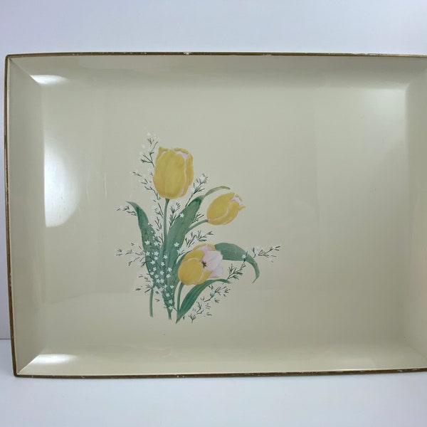 Vintage Otagiri Yellow Tulip Plate Tray - Mid Century - Serving - Vintage - Plastic Lacquer- Servingware - Gold Trim Floral Baby’s Breathe