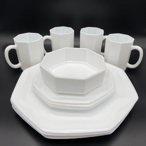 RARE - Acropal - Novoctime - 80s Vintage Coffee Tea Mug - Octagonal - White - MCM - Plates, Salad, Bowl Set of 4 - France - MIlk Glass