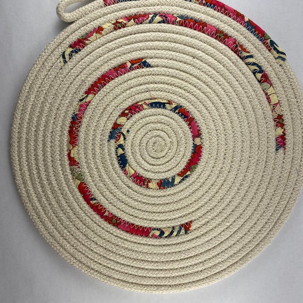 Liberty of London Lawn - Rope Trivet - Cotton Dark Red Blue Pattern - Hot Pad - Circle - Natural - Romantic