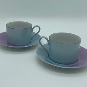 RARE - 4 pcs Mikasa Tea Cup & Saucer Sets - Larry Laslo - made in Japan - Gray Pink Purple - Geometric Wave Lavender L4096 Coffee Tea Matcha
