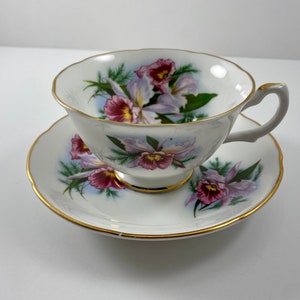 Vintage Tea Set - Cup & Saucer Set Daffodil - Royal Grafton Bone China - Gold Drop Edges- Limited - Pink Purple