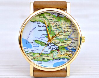 Map gift. Travel watch. Map watch. Women gift. Birthday traveler. Leather watch. Unique watch. Woman watch. Boyfriend gift. Globe watch