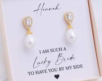 Bridesmaid Earrings Gold Pearl | Wedding Jewelry Gift for Bridesmaids | Gold Bridal Earrings | Pearl Bridesmaid Jewelry | Gift for her