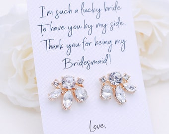Bridesmaid earrings Gold, Personalized Bridesmaid gift, Maid of honor, Bridesmaid jewelry, Crystal wedding earrings, Cluster Bridal earrings