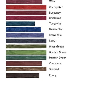 May include: A chart displaying 14 wood stain colour options for a corn basket. The colours are: Rust, Wine, Cherry Red, Burgundy, Brick Red, Turquoise, Denim Blue, Periwinkle, Navy, Moss Green, Garden Green, Hunter Green, Chocolate, Smoked, and Ebony.