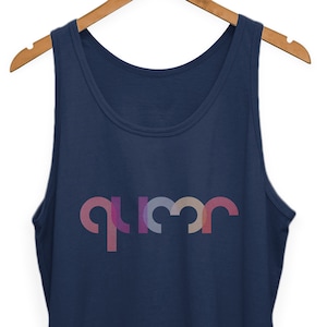 May include: A navy blue tank top with the word "queer" printed in rainbow colors.