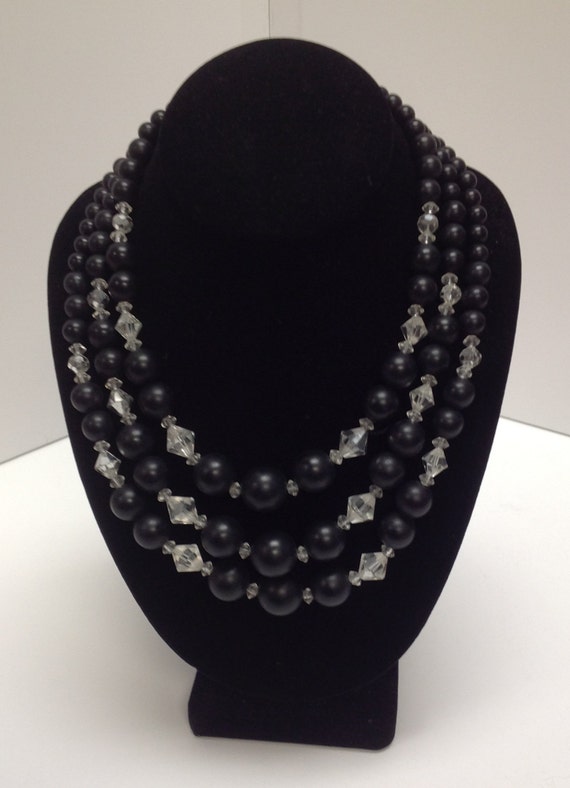 Vintage Three-Strand Black & Clear Bead Princess … - image 2