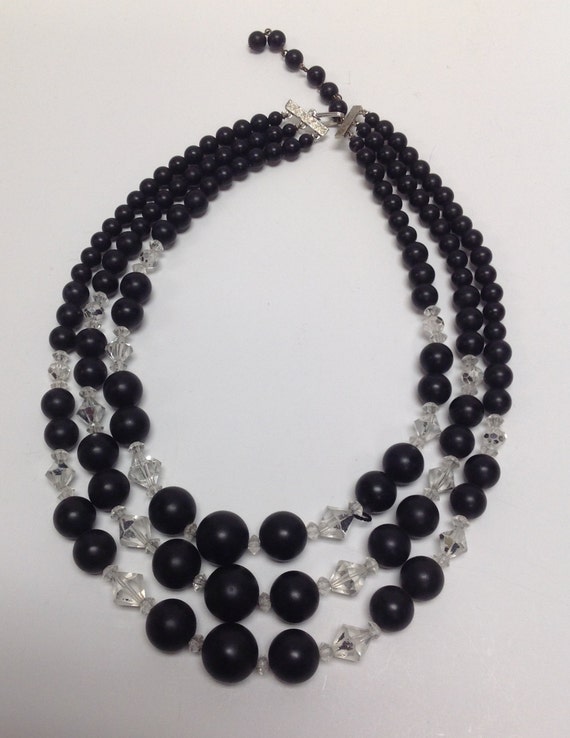 Vintage Three-Strand Black & Clear Bead Princess … - image 1