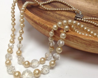 Vintage Champagne-colored Faux Pearl and Crystal Bead Two Strand Necklace