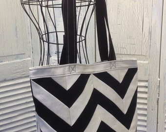 Bleu Redux Upcycle Black & Ivory Chevron Denim Tote