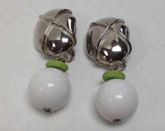 Vintage Silver and White Lucite Ball Dangle Clip On Earrings