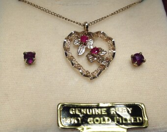 Vintage Ruby Necklace and Earrings Set