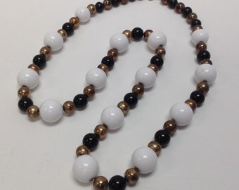 Vintage Chunky White, Black, & Brass Bead Necklace