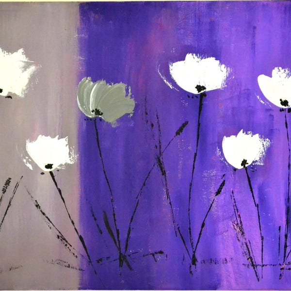 tableau moderne fleurs, peinture fleurs mauves, art naïf