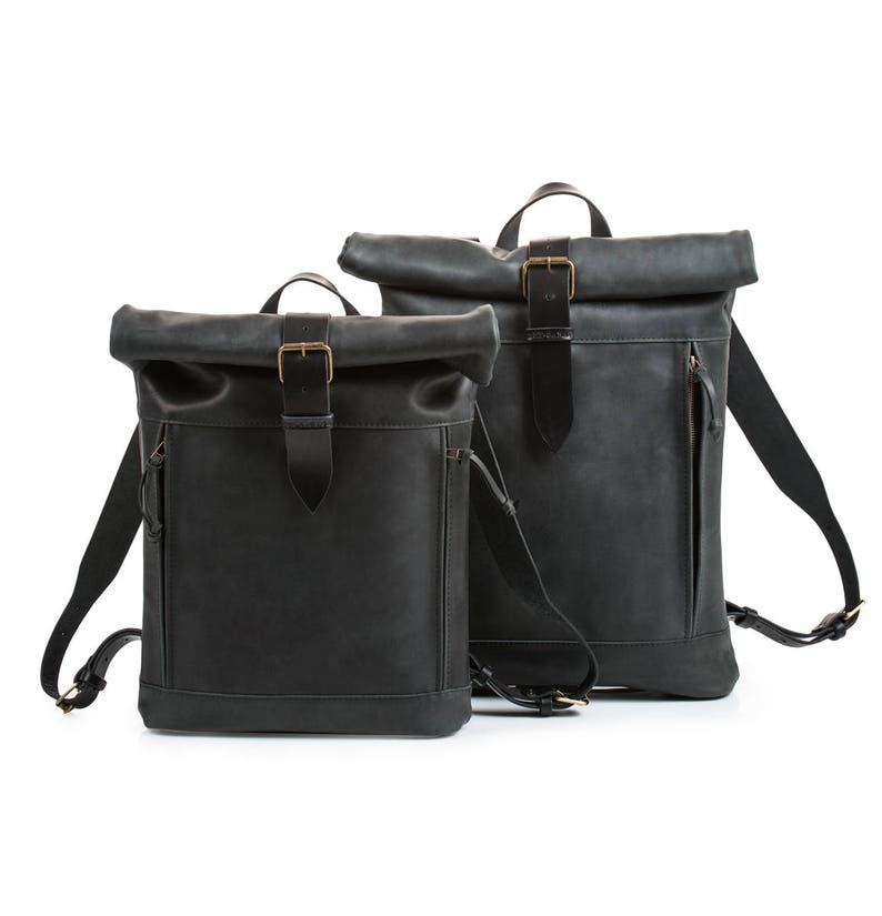 Leather backpack Roll top backpack by Kruk Garage Black Etsy