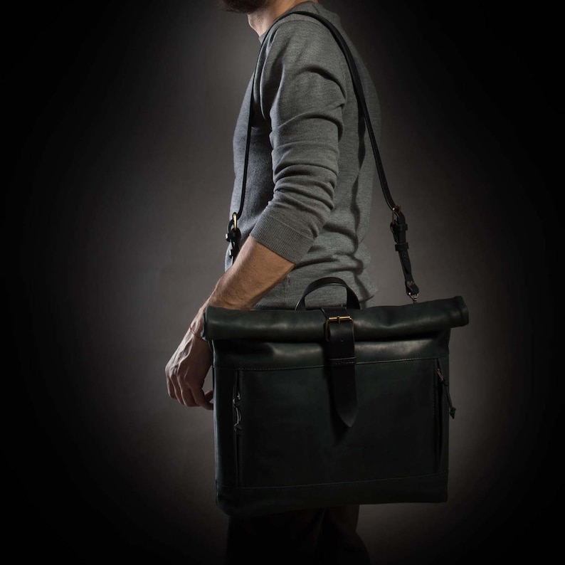 Black leather bag Roll top bag by Kruk Garage Laptop leather bag Mens shoulder bag Roll top bag Leather messenger Birthday gift Gift for him