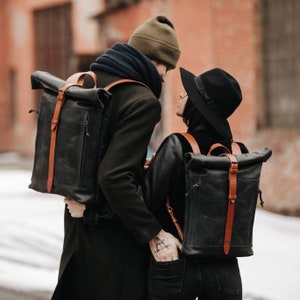Laptop backpack Roll up leather backpack by Kruk Garage Work leather purse Commuter backpack Black/ cognac straps