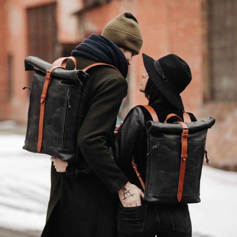 Laptop backpack Roll up leather backpack by Kruk Garage Work leather purse Commuter backpack Black/ cognac straps